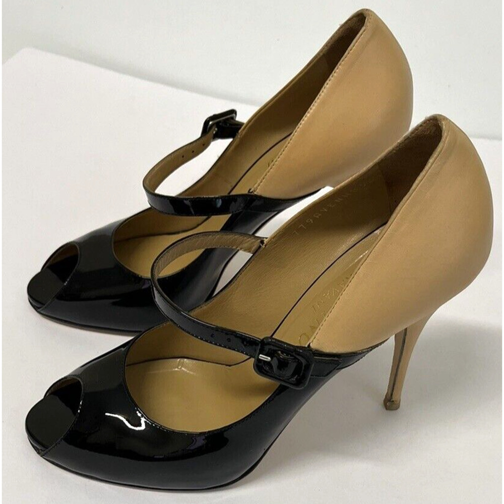 Valentino Garavani Black Patent and Tan Leather Mary Jane Peep-Toe Heels - Picture 10 of 13